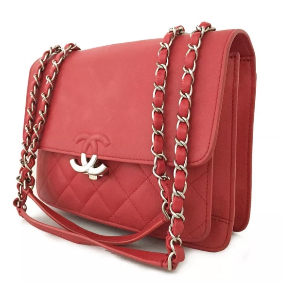 Auth Chanel Tramezzo Box Flap Double CC Logo Calfskin Chain Shoulder Bag Red - Picture 3 of 11